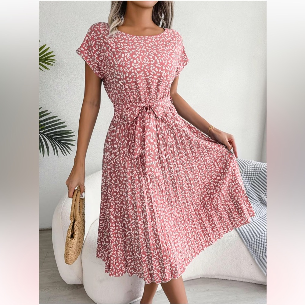 Pink Floral Pleated Dress, Women’s XL